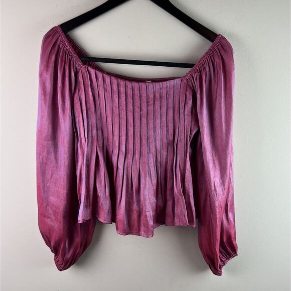 Altard State Top M Crop Balloon Sleeve Square Neck Smocked Iridescent Pink - Picture 1 of 8